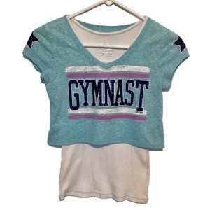 Justice Gymnast layered white tank top blue cropped short sleeve shirt girls 10